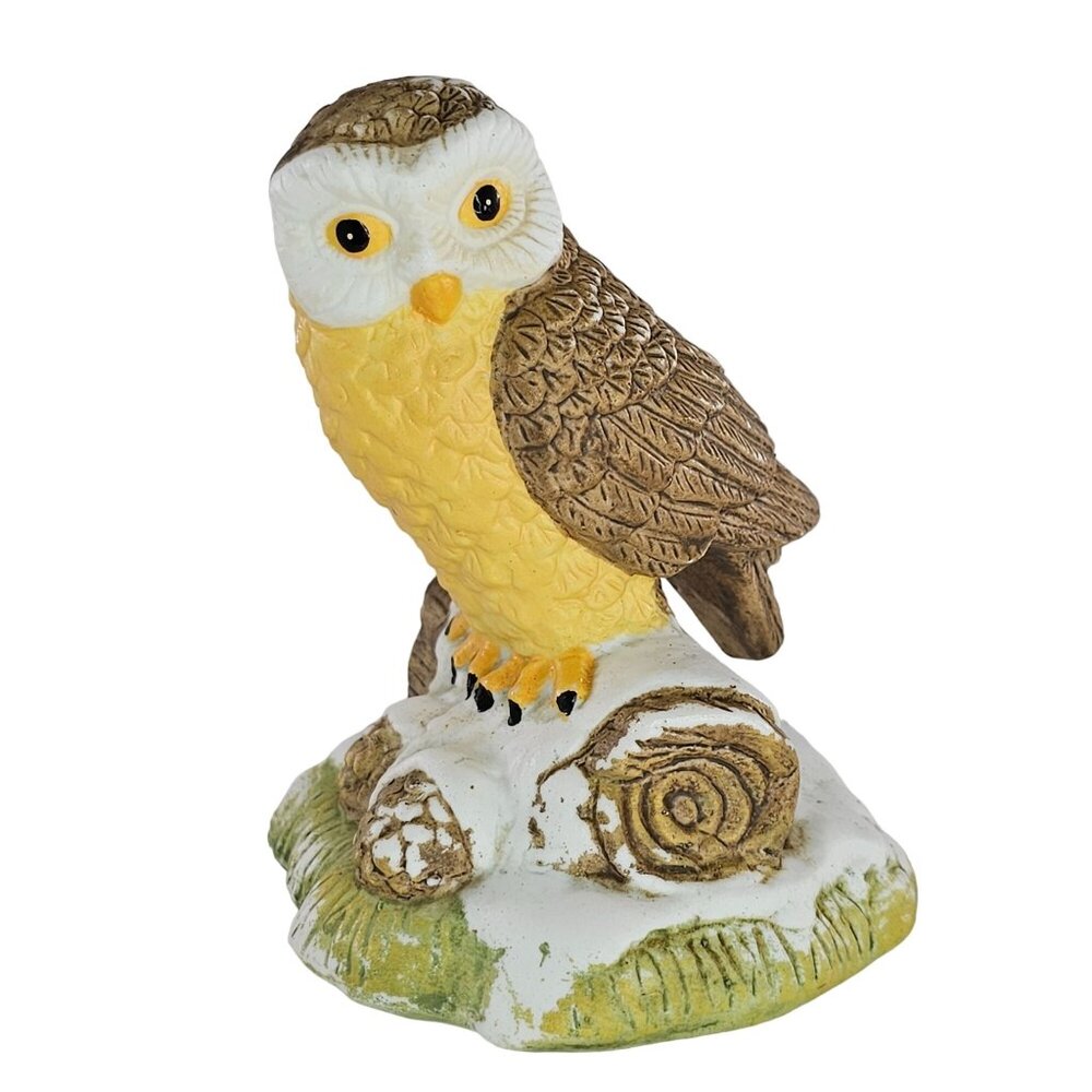 Vintage Owl Perched On Snowy Log Figurine Ceramic